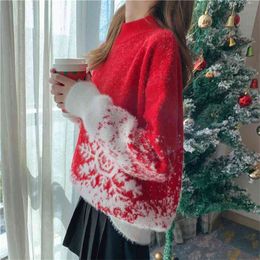 Autumn And Winter Sweater Women Christmas Lazy Wind Pullover Red Western Style Loose Wild Top 210427