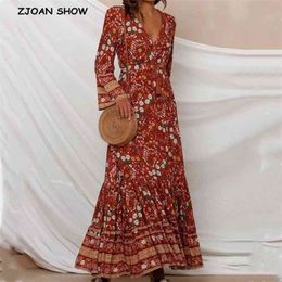 Bohemia Buttons V neck Floral Print BOHO Long Sleeve Dress Gypsy Woman Adjustable Lacing up Waist Maxi Dresses Holiday 210429