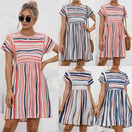 Casual Striped print patchwork dress for women summer short sleeve o neck mini dress a-line holiday beach dresses vestido 210514