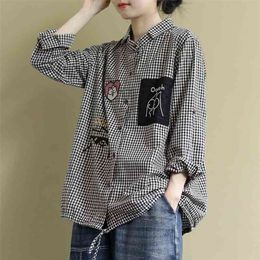 Spring New Arts Style Women Long Sleeve Loose Shirts all-matched Casual Plaid Turn-down Collar Blouses Blusa Feminina S611 210323