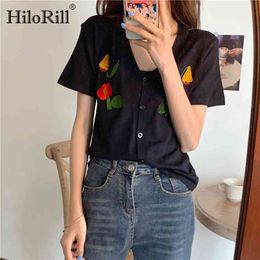 Lady V Neck Floral Embroidery Blouse Summer Short Sleeve Casual Ladies Tops Solid Elegant Shirt Women Blusa Feminina 210508