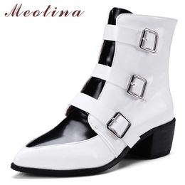 Meotina Women Ankle Boots Winter Shoes Buckle Square Heels Short Boots Mixed Colors Zipper Shoes Female Autumn Large Size 3-12 210608