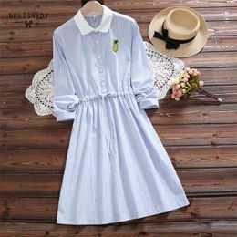 Mori Girl Vintage Dress Spring Autumn Women Long Sleeve Blue Stripe Cotton Dresses Female Fall Clothes 210520