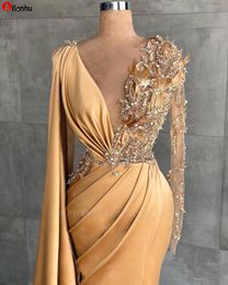 2022 Stunning Gold Yellow Evening Dresses Deep V Neck Sheer Long Sleeve Beaded Crystals Luxury Party Celebrity Gowns BC9469 5j1