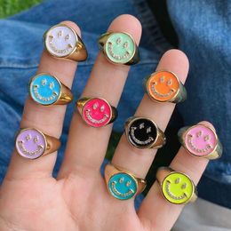 10Pcs Popular Enamel Smiley Face Crystal CZ Pave Ring Gold multi Colour Rings for Women Top quality Jewellery Gifts Accessories