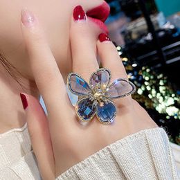 MOONROCY Trendy Rings Gold Color Blue Gray White Red Big Flower Crystal Party Jewelry for Women Gift Dropshipping Wholesale X0715
