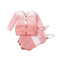 Clothing Sets Infant Baby Girls Spring Autumn Suit, Color-Contrast Sleeveless Sling Romper+Long Sleeve Button Outwear
