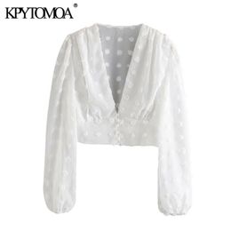 KPYTOMOA Women Fashion See Through Dot Chiffon Cropped Blouses Vintage Deep V Neck Lantern Sleeve Female Shirts Chic Tops 210323