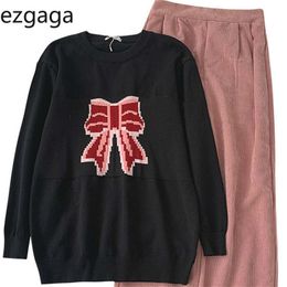 Ezgaga Two Piece Set Women Sweater and Pants Autumn Jacquard Long Sleeve Pullover Pink High Waist Wide Leg Corduroy Fashion 210430