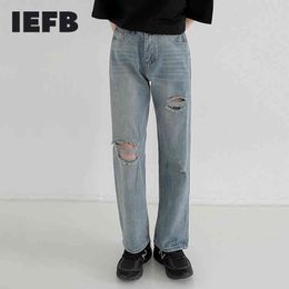 IEFB Hole Blue Jeans Men's Straight Tube Loose Spring Summer Fashion Streetwear Ins Wash Denim Pants Handsome Trousers 9Y7588 210524