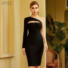 Adyce New Summer Women Black One Shoulder Bandage Dress Sexy Hollow Out Long Sleeve Celebrity Evening Runway Party Dresses 210325