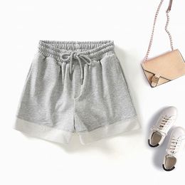 Vintage Grey Stitching Straight Elastic Belt Women Shorts Fashion Casual Loose Pants Chic Female 210507