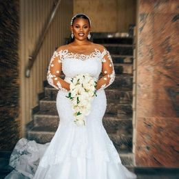 Size Plus Mermaid Wedding Dresses Lace Applique Sweep Train Bridal Dress Sheer Neck Sexy Birde Gowns