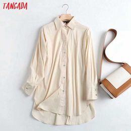 Tangada Women Looe Elegant High Quality Beige Shirts Long Sleeve Solid Office Ladies Work Wear Blouses 4C111 210609