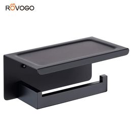 ROVOGO Toilet Paper Holder with Shelf, Stainless Steel Roll Wall Mounted, Bathroom Hardware Set (Matte Black) 210720