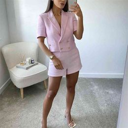 PUWD Casual Woman Pink Tweed Matching Sets Spring Fashion Short Sleeve Suits Ladies Sweet Streetwear Shorts Suit 210522