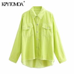 KPYTOMOA Women Fashion Oversized Frayed Trim Corduroy Blouses Vintage Long Sleeve Pockets Loose Female Shirts Chic Tops 210323