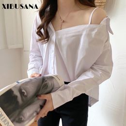 Women Off Shoulder Shirts Long Sleeve Spring Autumn Fashion Casual Loose Shirt Female Streetwear Blouse Tops Oversize 210423