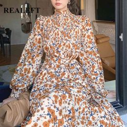 Floral Printed Long Dress Vintage Elegant Pleated High Waist Slim Round Neck Women's Beach Dresses Female 210428