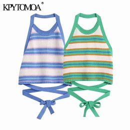 KPYTOMOA Women Sweet Fashion Striped Crop Knitted Tank Tops Vintage Halter Neck Backless Bow Tied Female Camis Mujer 210625