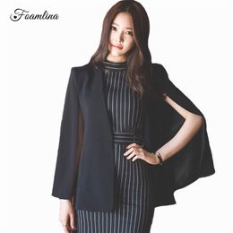 Elegant Black Cloak Coat Women Fashion Spring Autumn Long Sleeve Split Casual Work Office Suit Jacket 210603
