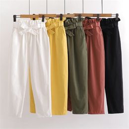 Korean Cotton Vintage pants 2020 Summer New Bow Lace-up Elastic Waist Casual Pants female All-match Harlan Capri-Pants Q0801