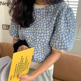 Neoloe Cropped Sweater Tops Puff Sleeve T Shirts Knit Shirt Women Clothes Vintage Print Korean Tshirt Summer Tees 210623