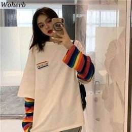 Woherb Rainbow Striped Fake Two Pieces T Shirt Women Casual Loose Harajuku BF Tops Female Korean Fashion Streetwear 91296 210623