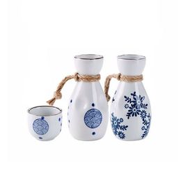 Vintage Blue Sake Tokkuri Ochoko Japanese Style Wine Bottle Hip Flask Cups Set Handcrafted Sea Wave Uncaria Pattern