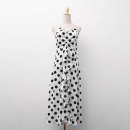 PERHAPS U White Black Polka Dot Strap Sleeveless Ruffle Drawstring V Neck Empire Maxi Long Dress Summer D0585 210529