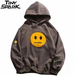 Men Hip Hop Hoodie Streetwear Sweatshirt Zipper Pocket Patches Harajuku Cotton Fleece Hooded Pullover Grey White 211230