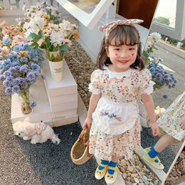 Girls summer floral lace puff sleeve princess dresses Korean style baby girl cotton apron embroidery dress 210615