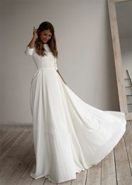 Dress Simple Wedding Long Sleeves A Line Crepe Boat Neck Elegant Bridal Dresses with Pockets Plus Size Robe De Mariee es