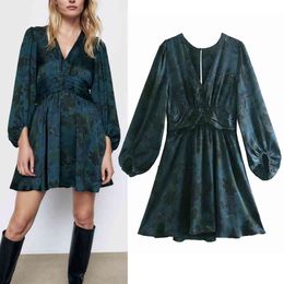 Fall Blue Print Draped Dresses for Women Vintage Mini Dress Woman Long Balloon Sleeve Gathered Ruched Waist Vestidos 210430