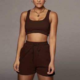 Fashion Women Solid Color Sportswear Crop Tops And Shorts Summer Casual Running Vest Drawstring Pants 2 Piece Set Suit 210527