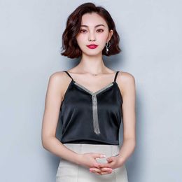 Korean Fashion Silk Women Camis Streetwear Sexy Tops Tassel Satin Halter Female Tank Plus Size XXL/Spaghetti Strap 210531