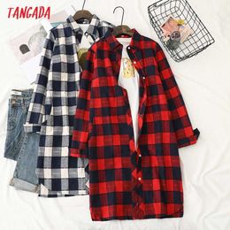 Tangada Women Classic Plaid Long Shirt Turn Down Collar Long Sleeve Chic Female Casual Tops Blusas BAO52 210609