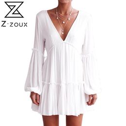 Women Dress Deep V Neck Backless Sexy es Lantern Sleeve Short White Plus Size Bohemian es Summer 210524