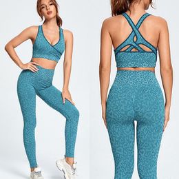 Yoga Outfit Seamless Gym Set Sports Suits High Waist Leggings+Push Up Bra Vest 2 Peice Leopard Sportswear Women Fitness