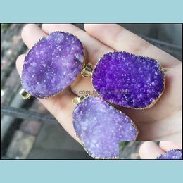 Loose Gemstones Jewellery Fashion 6Pcs Gold Plated Purple Nature Quartz Druzy Geode Pendant, Drusy Crystal Gem Stone Connector Beads, Findings