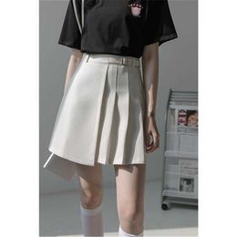 Women Pleated Skirt Students Korean Empire Harajuku Solid Mini Skirt Office Lady Cute Above Knee A-Line High Waist Skirts Belt 210619
