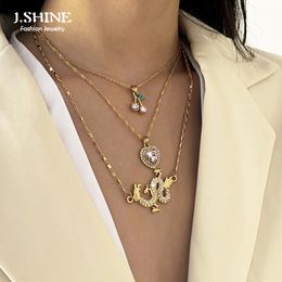 JShine 3Pcs/Set Trendy Cherry Heart Penadnt Necklace For Women Gothic Multilayer Rhinestone Dragon Choker Party Jewellery Chains
