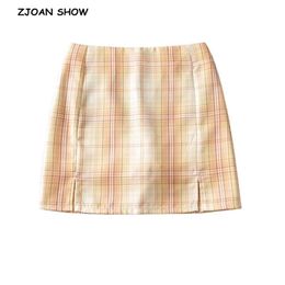 Summer Women Front Split Plaid Mini Skirt with Under Shorts Vintage Double Slit Package Hips Gingham Short Skirts 210429