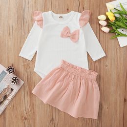 american cute girls UK - Newborn Clothes Sets Spring Autumn Fashion Girls Outfits White Bowknot Long Sleeves Bow Top+Pink Shorts Baby Child Set Kids Clothing