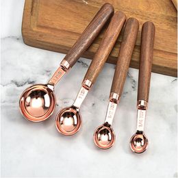 4pcs/set Rose Gold Measuring spoons Scoop Walnut Wooden Handle Kitchen Tool Plating