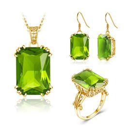 14k Gold Set For Women Rectangle Original Green Peridot Gemstones Ring Earrings Pendant Shiny Silver 925 Jewellery