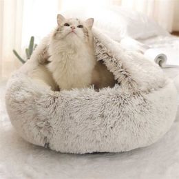 Winter 2 In 1 Cat Bed Round Warm Pet House Long Plush Dog Sleeping Bag Sofa Cushion Nest For Small Dogs Cats Kitten 211006