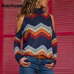 Aachoae Women T Shirt Sexy Cold Shoulder Tops Casual Turtleneck Knitted Top Jumper Pullover Print Long Sleeve Tshirt Camiseta 210324