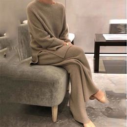 Women Autumn Knitted Long Sleeve Top Wide Leg Pants Set Casual Korean 2PC Lady O-Neck Sweater Suits Classic Solid Femme Outfits 210929