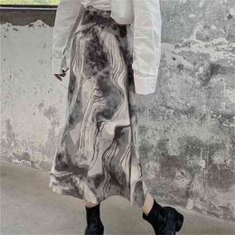 Spring Summer Chic Tie Dye Print Chiffon Long Skirt For Women Korean Streetwear Fashion High Waist Female Midi Skirts 210519